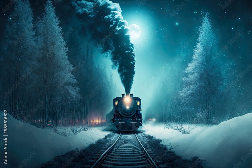 Canvas Prints Smoking Polar Express Train rides on rails between tall snow-covered trees, created with generative ai