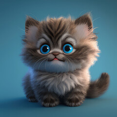 Realistic 3D rendering of a happy, fluffy and cute kitty smiling with big eyes looking straight at you. Created with generative AI
