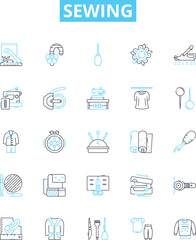 Sewing vector line icons set. Needlework, Seamstress, Fabric, Cutting, Hemming, Basting, Sew illustration outline concept symbols and signs