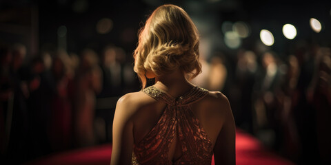 young celebrity woman on red carpet in glare and paparazzi stands backwards looking forward