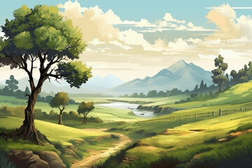 Beautiful rural landscape with river and mountains. Simple flat cartoon illustration created with generative ai technology