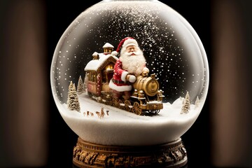 Magic Glass Ball with Santa Claus and Polar Express Train, created with generative ai