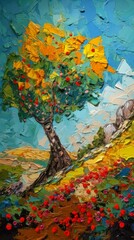 Obraz na płótnie Canvas impasto background tree middle field plastic similar aesthetics hillside palette knife sculpture princess garden soviet, generative ai