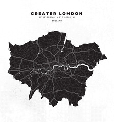 Greater London map vector poster flyer with illustrations of roads, lakes and rivers