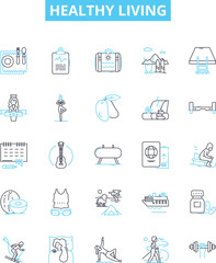 Healthy living vector line icons set. Nutrition, Exercise, Hydration, Sleep, Stress, Meditation, Immunity illustration outline concept symbols and signs