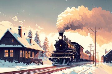 Polar Express Train rushes fast past station and houses, created with generative ai