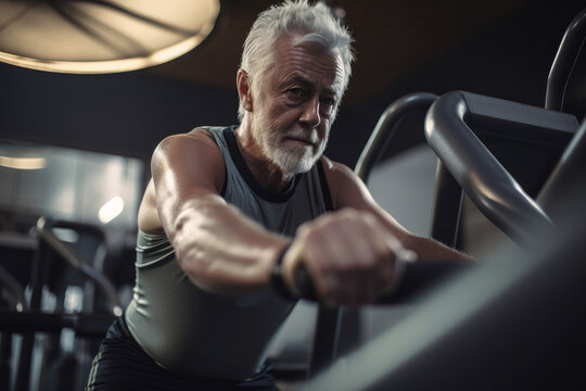 senior male with grey hair keeping fit by working out in a gym. Generative ai