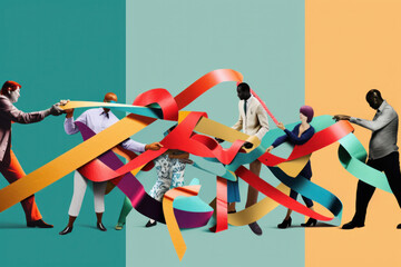 An abstract group of people working together to untangle a rope problem. Generative ai