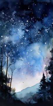 Night Sky Lots Stars Star Eyed Mountain Background Forest Brushed White And Blue Paint Faint Air Pour Cell Standing Tiny Twilight Cute Art Outdoors Winter Evening, Generative Ai