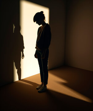 Silhouette of a girl in a dark room under the light, Generative ai