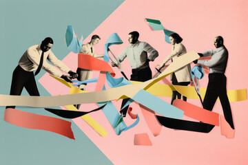 Fototapeta premium An abstract group of people working together to untangle a rope problem. Generative ai