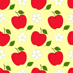 Seamless pattern of red apples and flowers. Background of fresh organic healthy fruits.