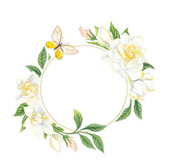 Round watercolor frame with white gardenia flowers and a butterfly