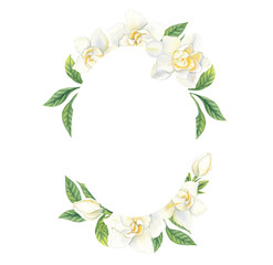 Watercolor oval vertical frame with white gardenia flowers