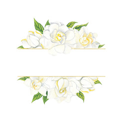 Watercolor horizontal frame with white gardenia flowers