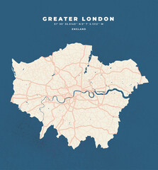 Obraz premium Greater London map vector poster flyer with illustrations of roads, lakes and rivers
