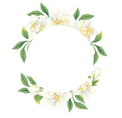 Round watercolor frame with white gardenia flowers