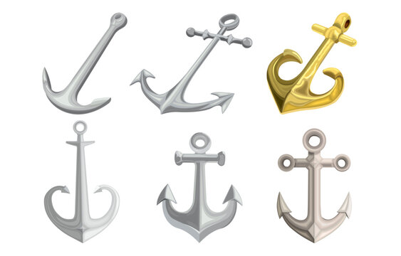 Set of types of steel antique Anchor icons. Ship anchors various collection. Golden and silver Anchors logo in different shapes isolated on white background. Web images for button. Vector illustration