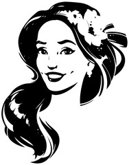 Young beautiful happy woman with flower wreath on long hair. Vector illustration
