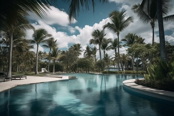 Fototapeta na wymiar Swimming pool and palm trees in luxury resort at Pun Cana in the Dominican Republic. Generative AI