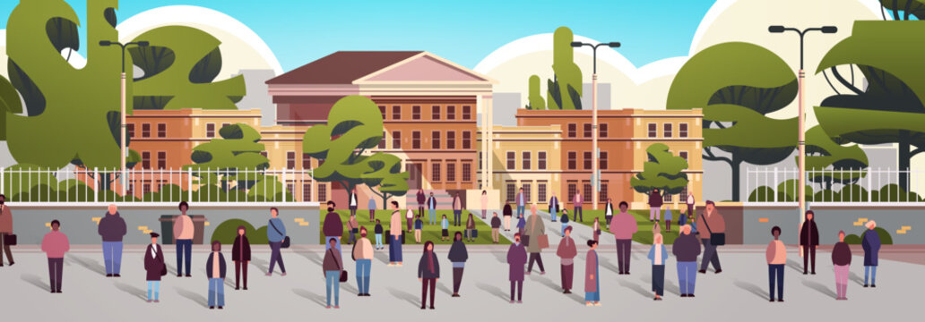 multiethnic people group walking outdoor mix race men women citizens crowd going along city street