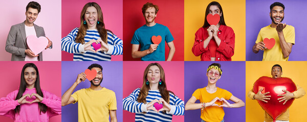 Collage of happy young people holding heart shapes while standing on colorful backgrounds