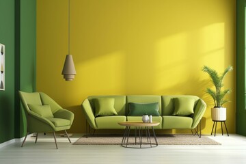 Living room in modern style with sofa,chair on yellow and green wall background.3d rendering. Generative AI