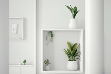 Obraz na płótnie Canvas White backdrop with a white frame, green plants, and spring flowers on a shelf. Generative AI