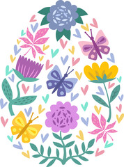 Floral pattern inside the Easter egg.Spring flowers in pastel colors.Postcard.A flat illustration drawn by hand.