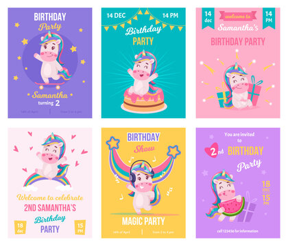 Pony card. Placards invitation to kids party with funny cartoon unicorns exact vector print design template