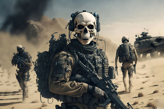 contemporary infantry soldier is a skelet in a desert at sunny day, neural network generated art. Digitally generated image. Not based on any actual person, scene or pattern.