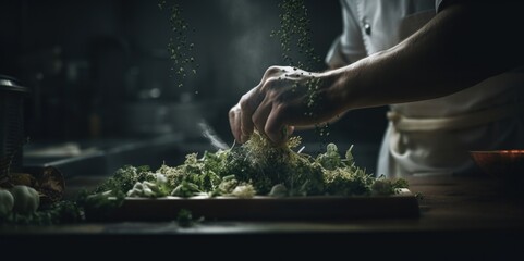Herbs being added to a dish by a chef - action shot, generative ai