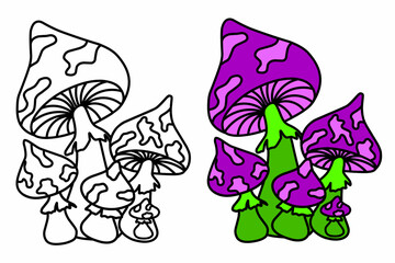Set Funny mushroom with a doodle pattern. Coloring book for children and adults