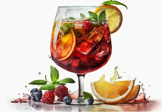 Spanish sangria in a glass. Red wine with lemons and oranges, Generative AI