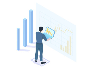 Man analyst with laptop analyzes the financial results of the business. Market indicators in the chart, bar and graph are displayed on the dashboard. Infographic of success income. Vector illustration