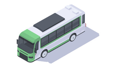 Passenger electric bus with solar panel on the roof of vehicle. Eco energy of safe environment in city. Modern clean renewable power of urban life. Isometric vector illustration isolated on background