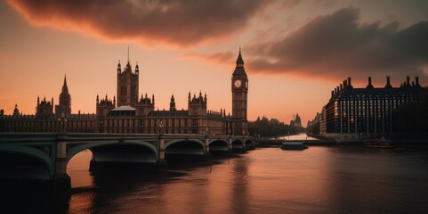Fototapeta na wymiar Westminster Palace and Big Ben in Warm Sunset Glow, generative ai