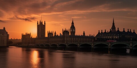 Fototapeta na wymiar Sunset at Westminster Palace and Big Ben, generative ai