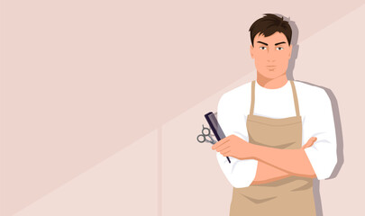 Hairdresser man wearing in black apron holds in hands comb and scissors. Barber shop or hair salon poster template on pink background. Male beauty stylist and cosmetics service. Vector illustration