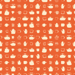 Monochrome teapot, cups and mugs silhouette seamless pattern. Perfect print for kitchen towel, dishcloth, stationery, textile and fabric. Doodle illustration for decor and design.