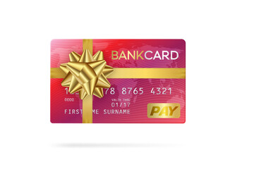Credit or debit red card with golden ribbon. Gift card concept.