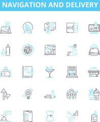 Navigation and delivery vector line icons set. Navigation, Delivery, Tracking, Fleet, Logistics, Route, Mapping illustration outline concept symbols and signs