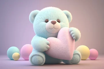 Fotobehang Pastel blue teddy bear with pink heart. Cute plush children's toy. Generative AI. © Natali2510