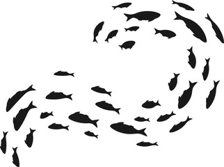 Colony of swiming sea or aquarium fishes. Group of silhouttes .