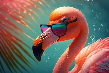 Pink flamingo wearing summer sunglasses. Generative AI