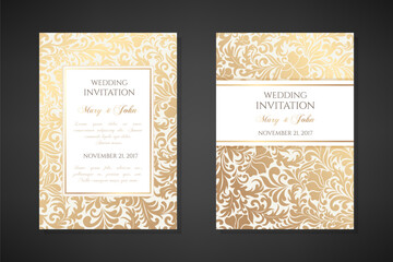 Vintage wedding invitation templates. Cover design with gold tra