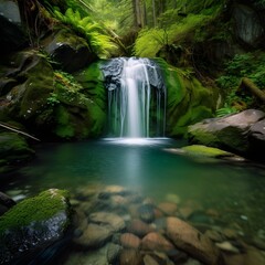 green forest with a waterfall into small lake