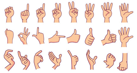 Cartoon white human hand . Hands show signs. Different hand positions. Isolated on gray background. Vector icon set ..eps
