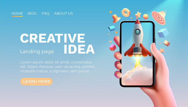 Smart phone creative idea, start up rocket, team work screen banner. Vector illustration