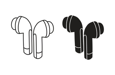 Wireless headphones vector silhouette and outline isolated on white. Cartoon style.  
